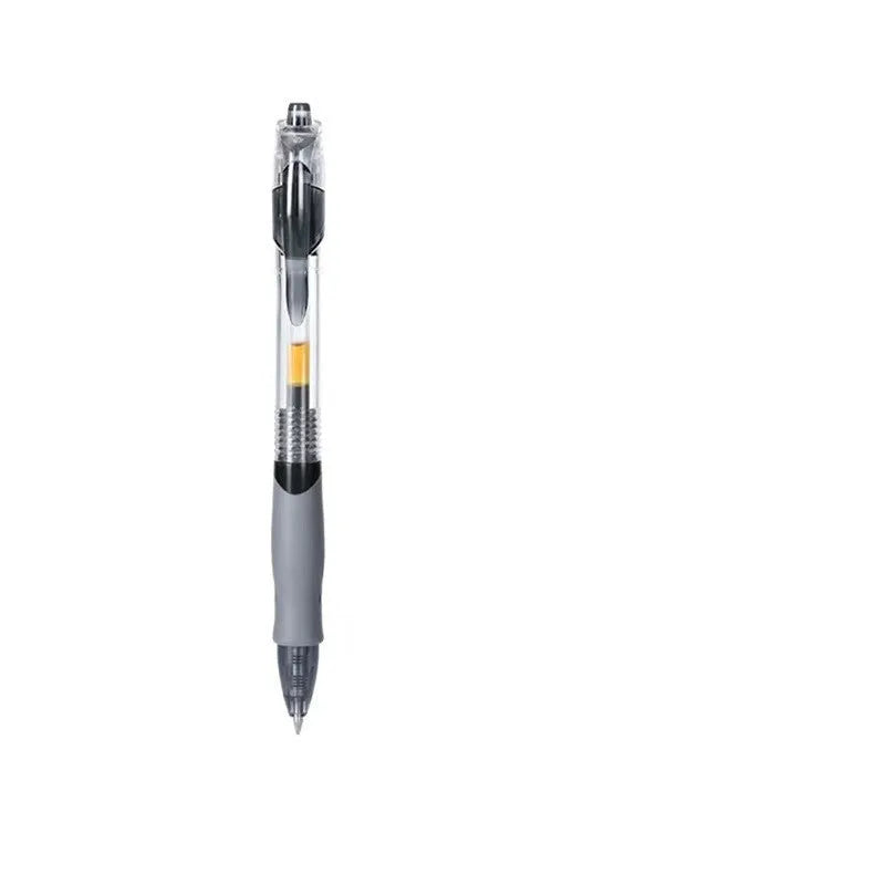 A single gel pen with a plastic casing and a 0.5mm tip, shown with black, blue, and red ink refill options.