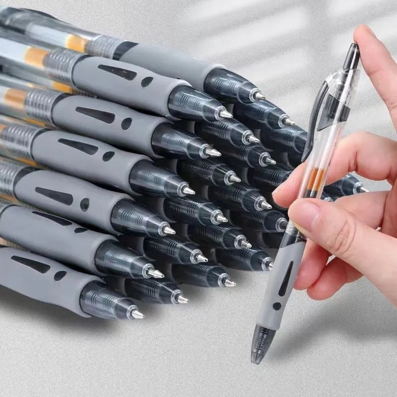 A single gel pen with a plastic casing and a 0.5mm tip, shown with black, blue, and red ink refill options.