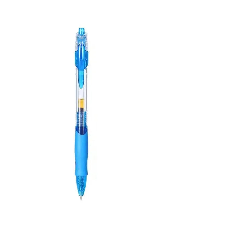 A black, blue, or red plastic gel pen with a 0.5mm fine tip on a notepad.