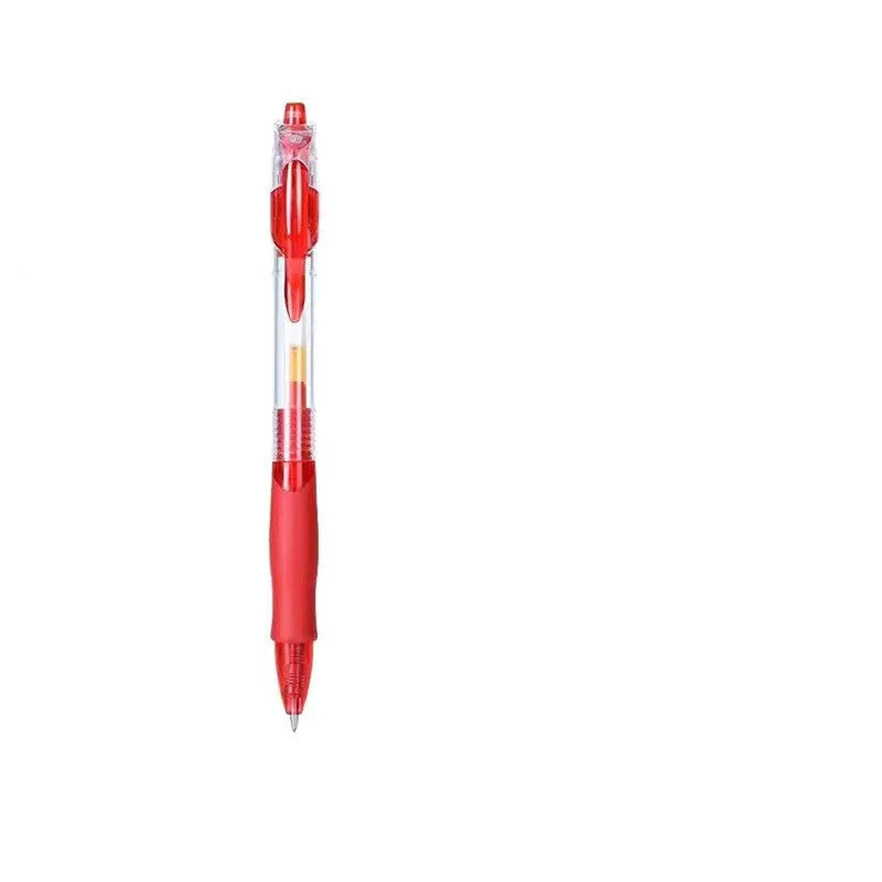 A neutral-coloured plastic gel pen with a 0.5mm tip, shown with black, blue, and red ink options.