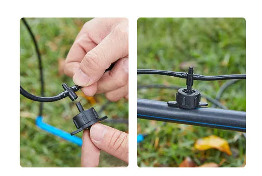 A white plastic tee water distributor joint for micro spray irrigation systems.