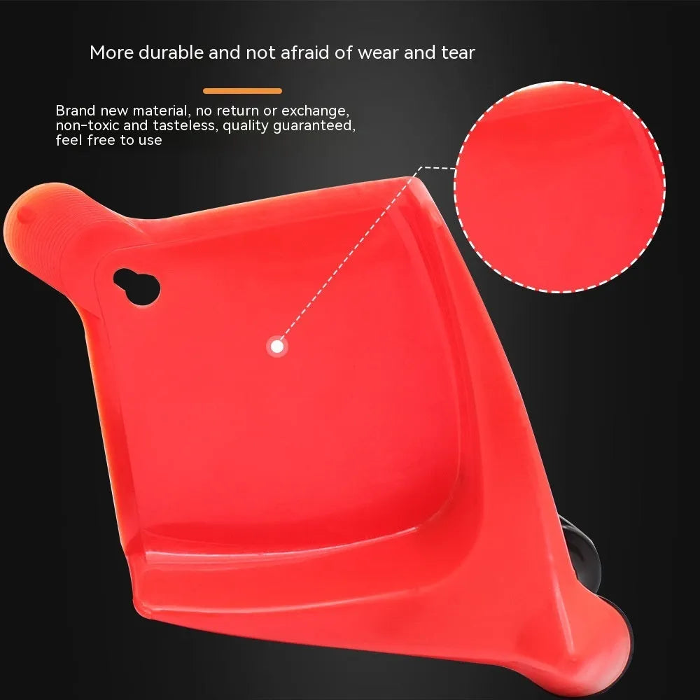 Set of four bright red triangular plastic car parking blocks on a surface.