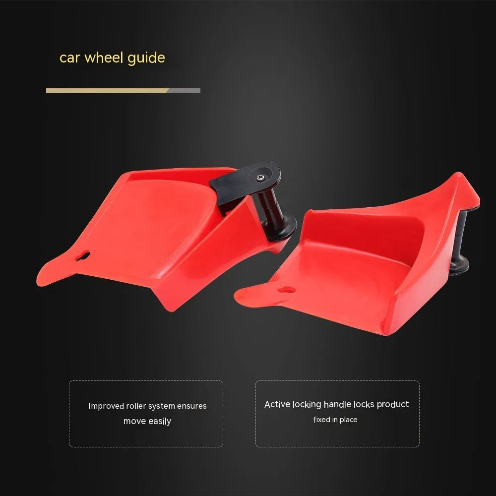 Set of four bright red triangular plastic car parking blocks on a surface.
