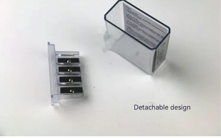 Geometric-shaped plastic pencil sharpener with four sharpening holes and an integrated screwdriver.