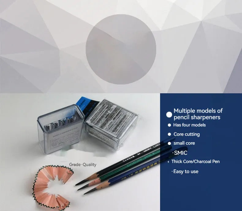 Geometric-shaped plastic pencil sharpener with four sharpening holes and an integrated screwdriver.