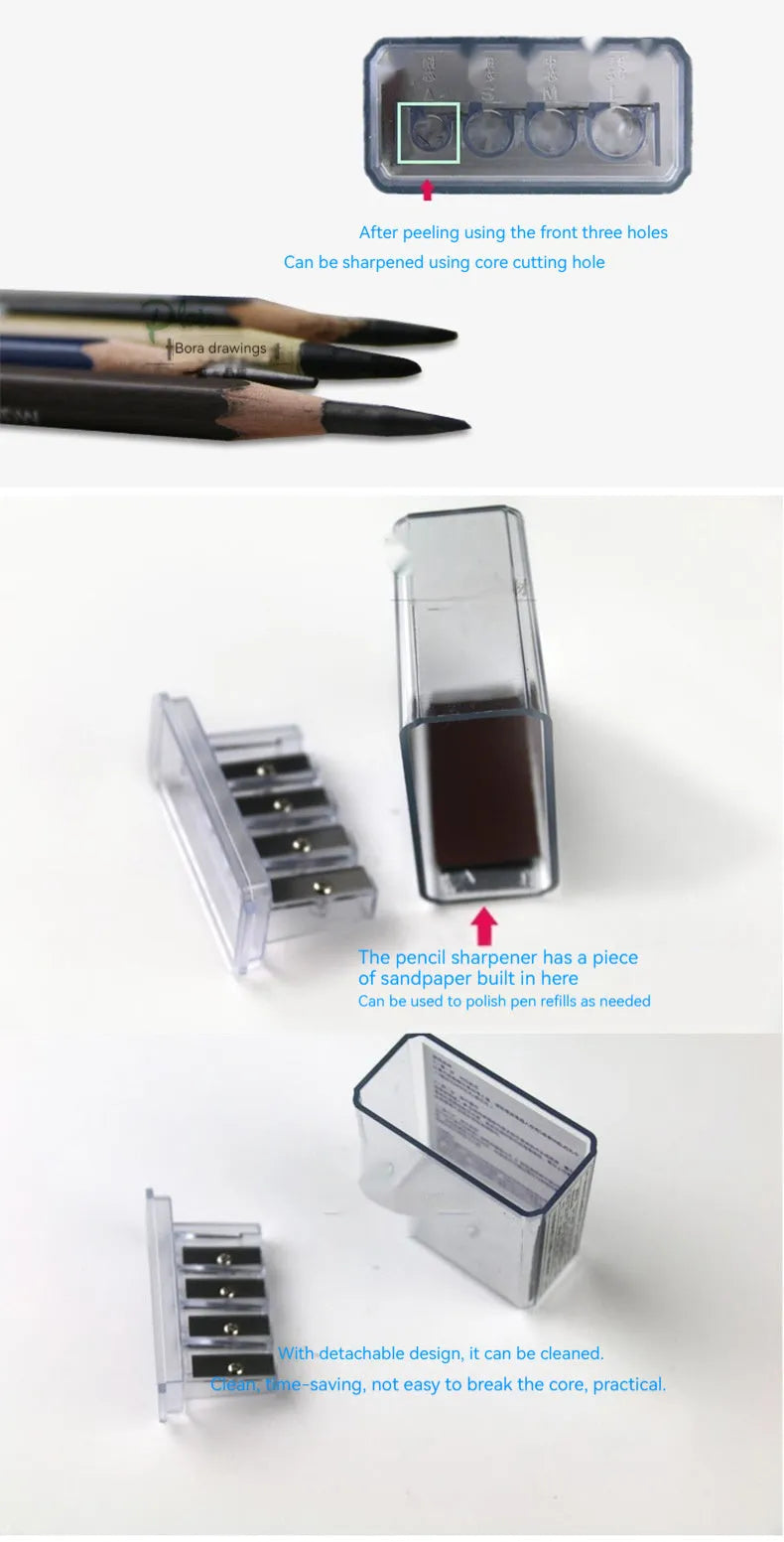 Geometric-shaped plastic pencil sharpener with four sharpening holes and an integrated screwdriver.