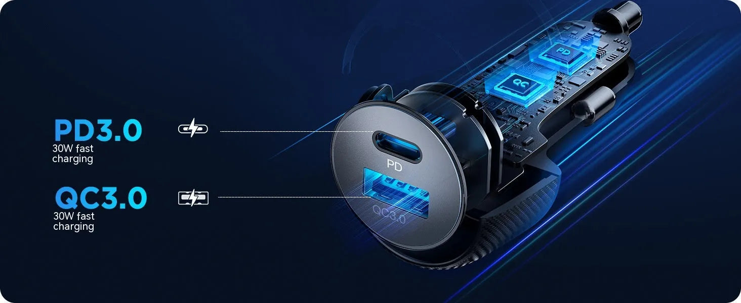 60W dual port button car charger with seven colour ambient light in black PC ABS fireproof material