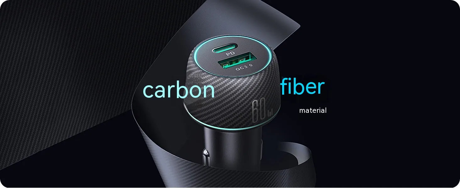 60W dual port button car charger with seven colour ambient light in black PC ABS fireproof material
