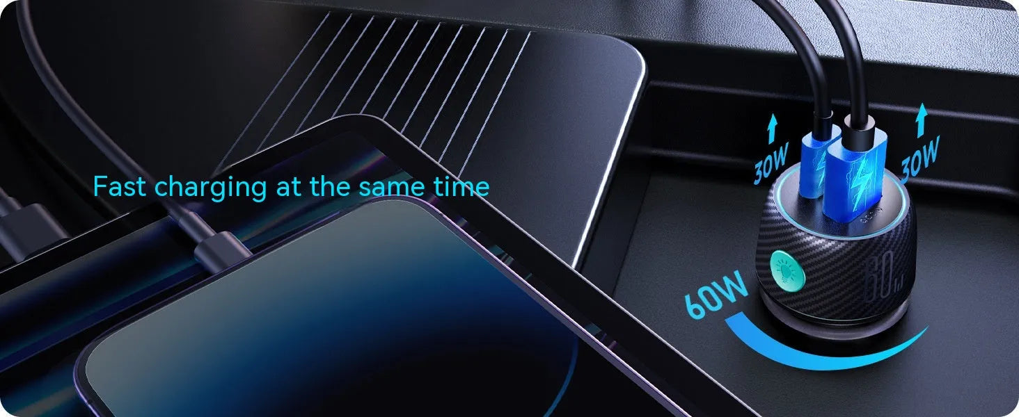 60W dual port button car charger with seven colour ambient light in black PC ABS fireproof material