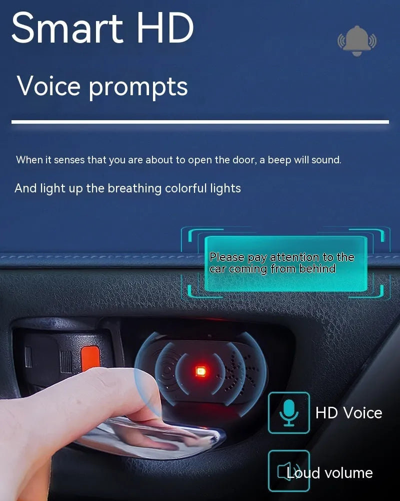 Black ABS plastic car door reminder alarm with infrared sensor and micro USB port.