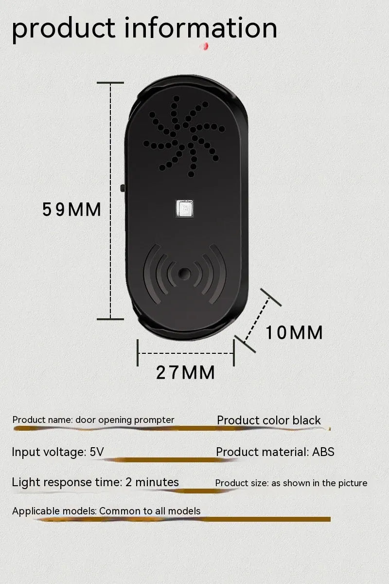 Black ABS plastic car door reminder alarm with infrared sensor and micro USB port.