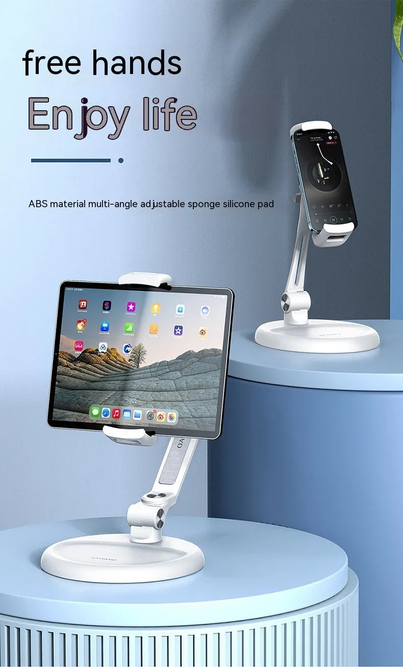 Foldable lifting bracket for mobile phone and tablet in White Extended on a desk