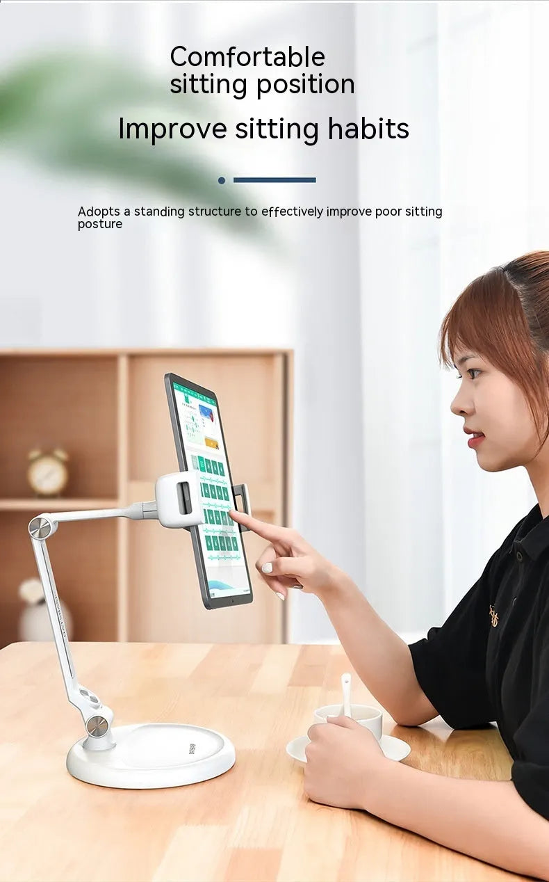 Foldable lifting bracket for mobile phone and tablet in White Extended on a desk
