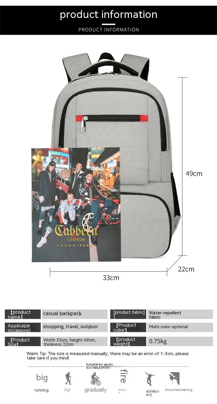 Light grey insulated Oxford cloth backpack with curved shoulder straps and multiple compartments.