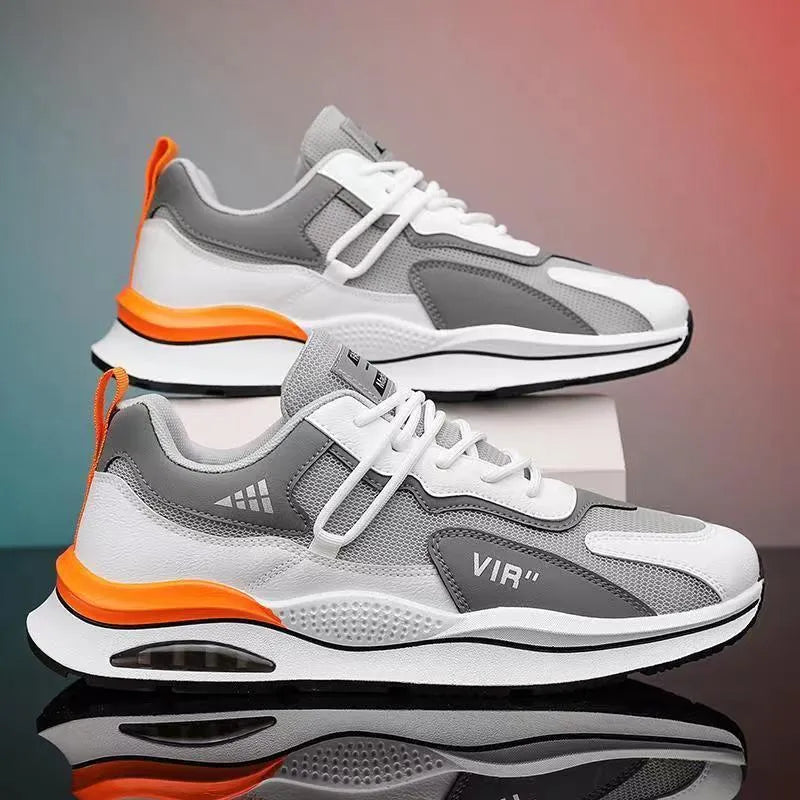 Men's grey mesh running shoes with round toe design and lightweight EVA sole