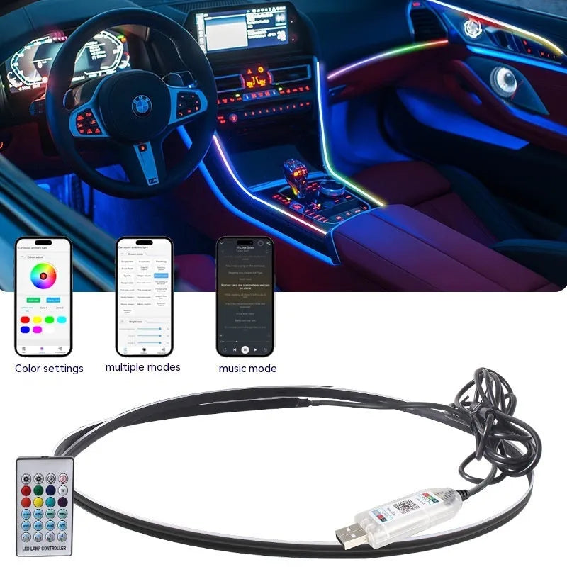Flexible 110cm USB car interior LED ambience light strip with remote control on a car dashboard