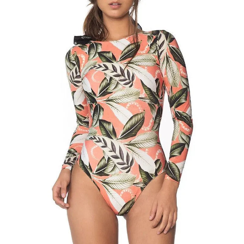 Women's leaf printed backless one-piece swimsuit for swimming and wading sports