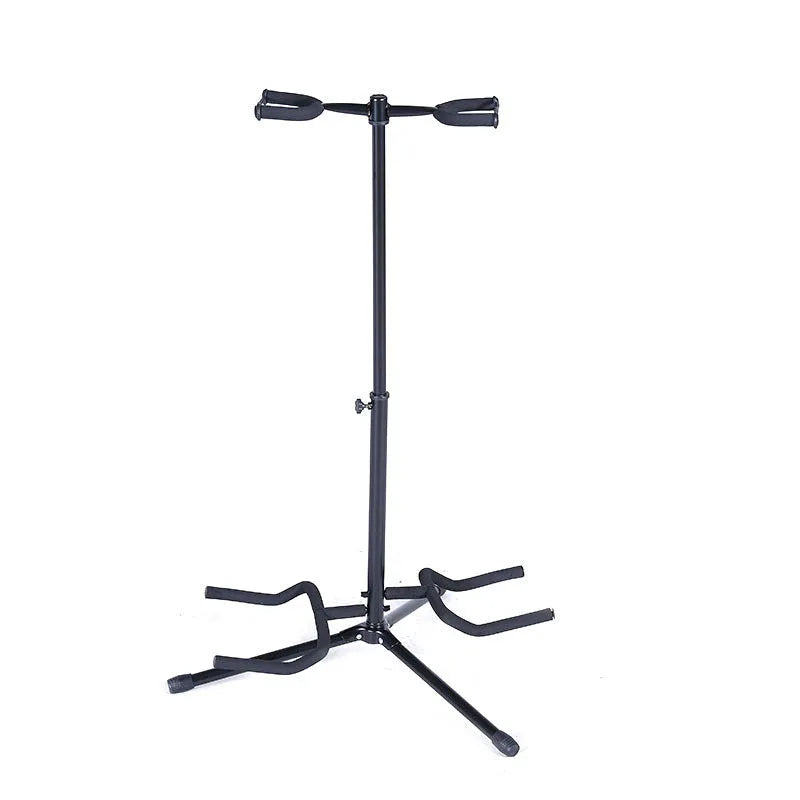 Black iron vertical double-headed guitar stand holding two guitars