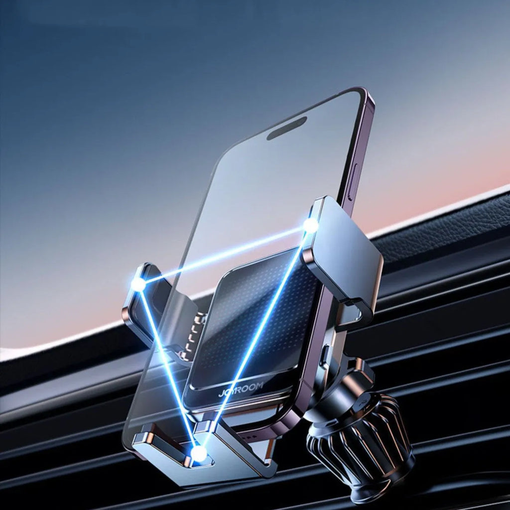 Black car wireless charging bracket mounted on air vent with automatic opening mechanism