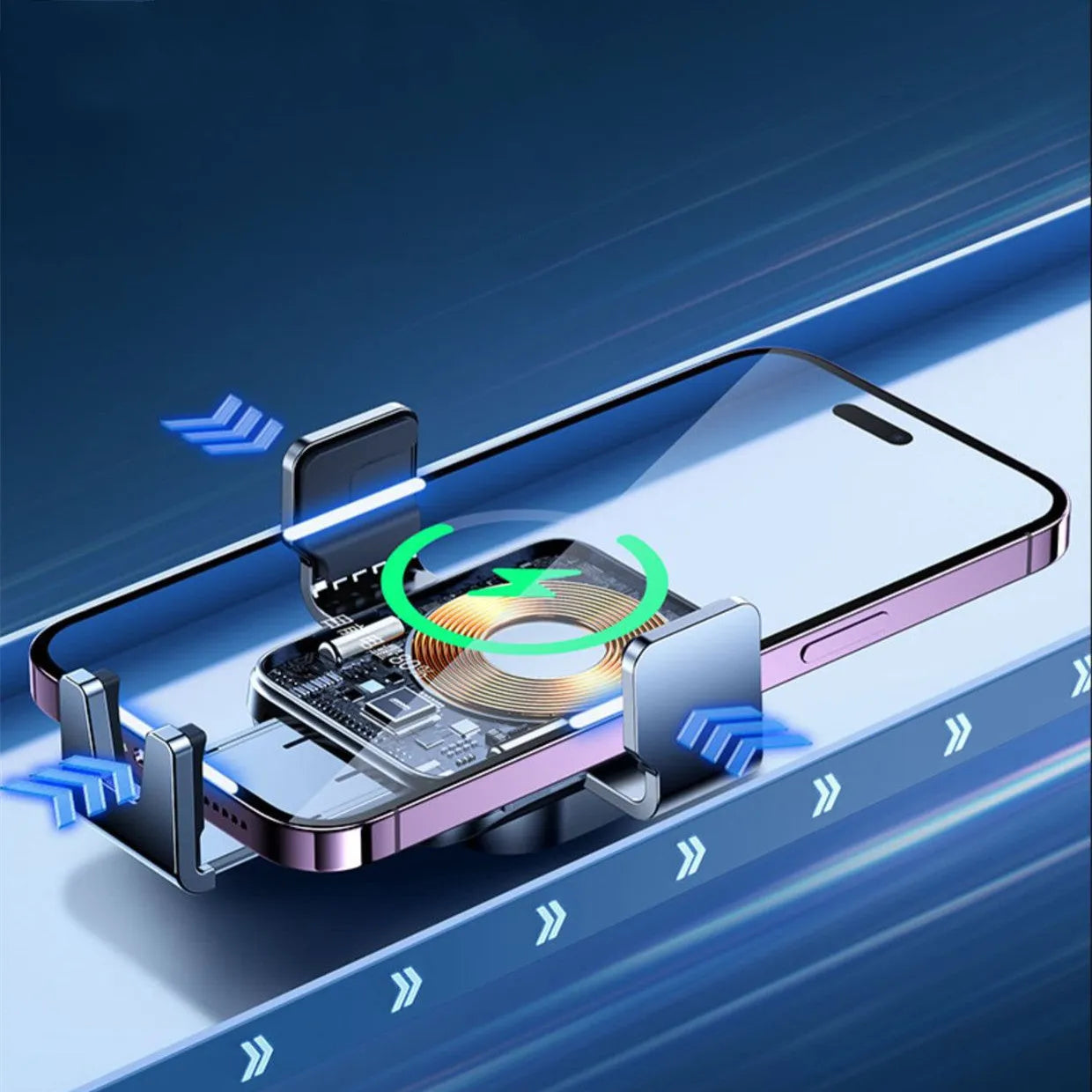 Black car wireless charging bracket mounted on air vent with automatic opening mechanism