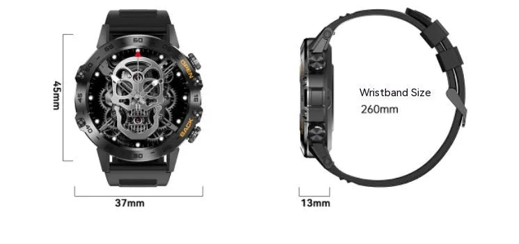 Bluetooth calling smart watch with IP68 waterproof case and colour options including black and silver straps