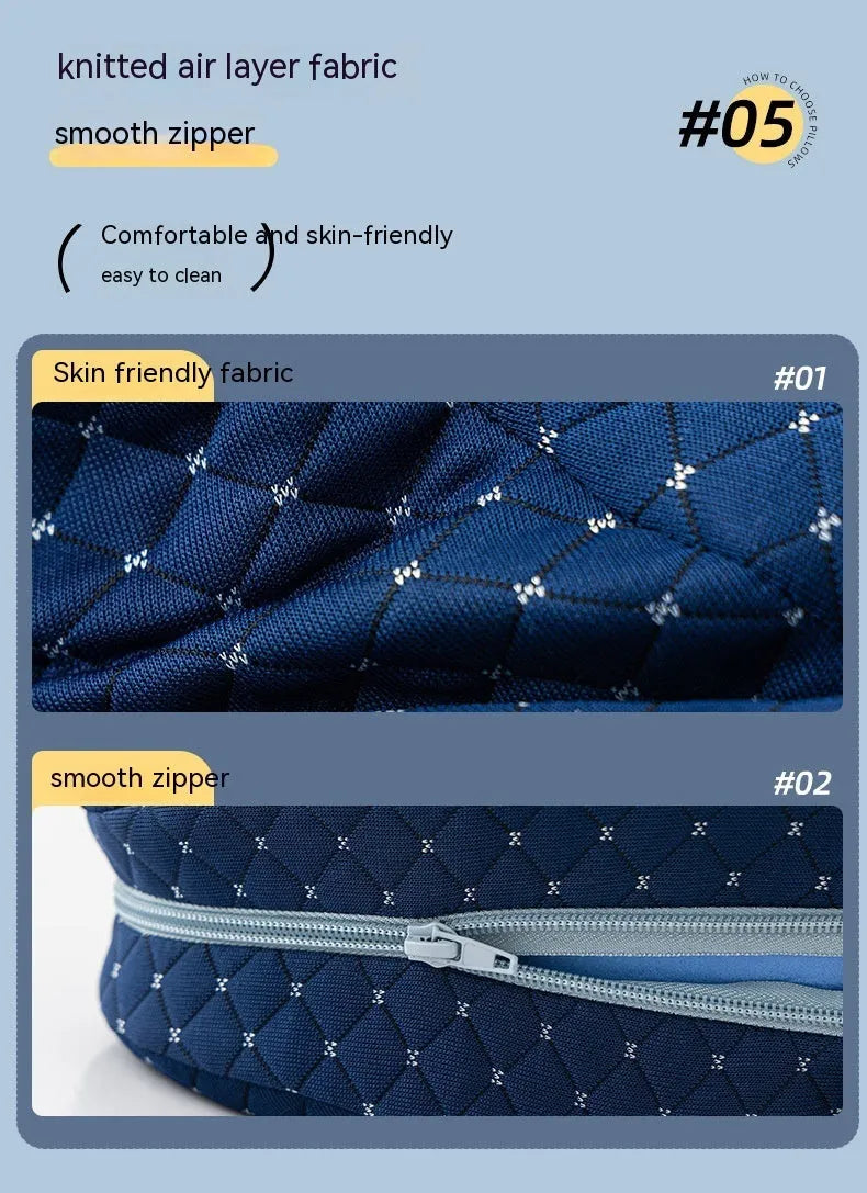 Love heart shaped memory foam leg pillow in dark blue jacquard fabric, shown next to a tape measure indicating 25x23x13 cm dimensions.
