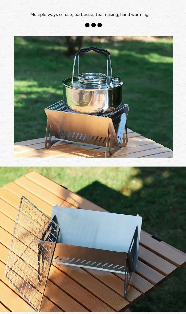 Stainless steel folding barbecue oven with large grill rack and storage bag for outdoor cooking