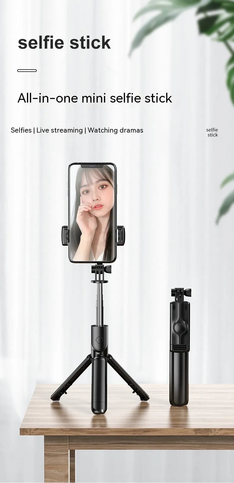 Black selfie stick tripod with wireless Bluetooth remote, universal phone holder, and optional ribbon fill light