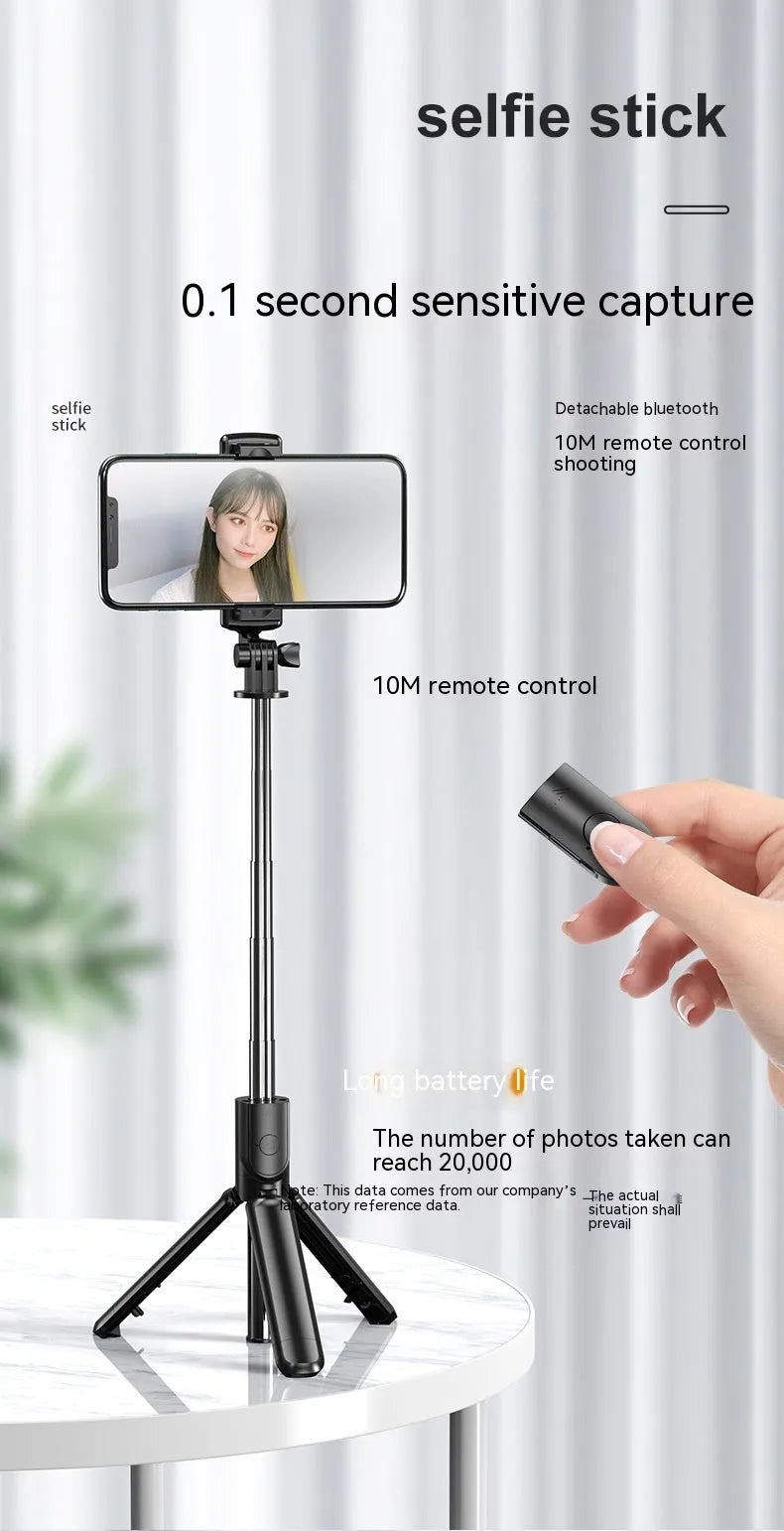 Black selfie stick tripod with wireless Bluetooth remote, universal phone holder, and optional ribbon fill light