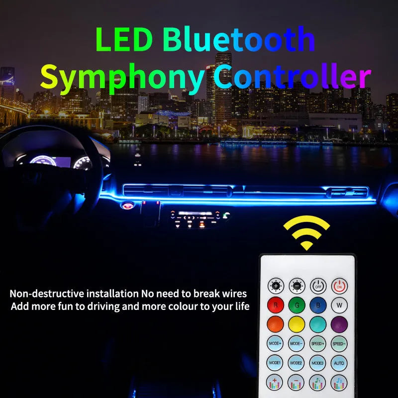 110 cm long aluminium alloy car ambience light strip with remote control on a car dashboard.