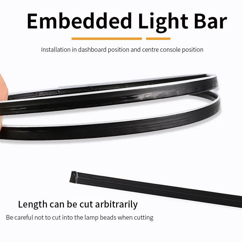 110 cm long aluminium alloy car ambience light strip with remote control on a car dashboard.