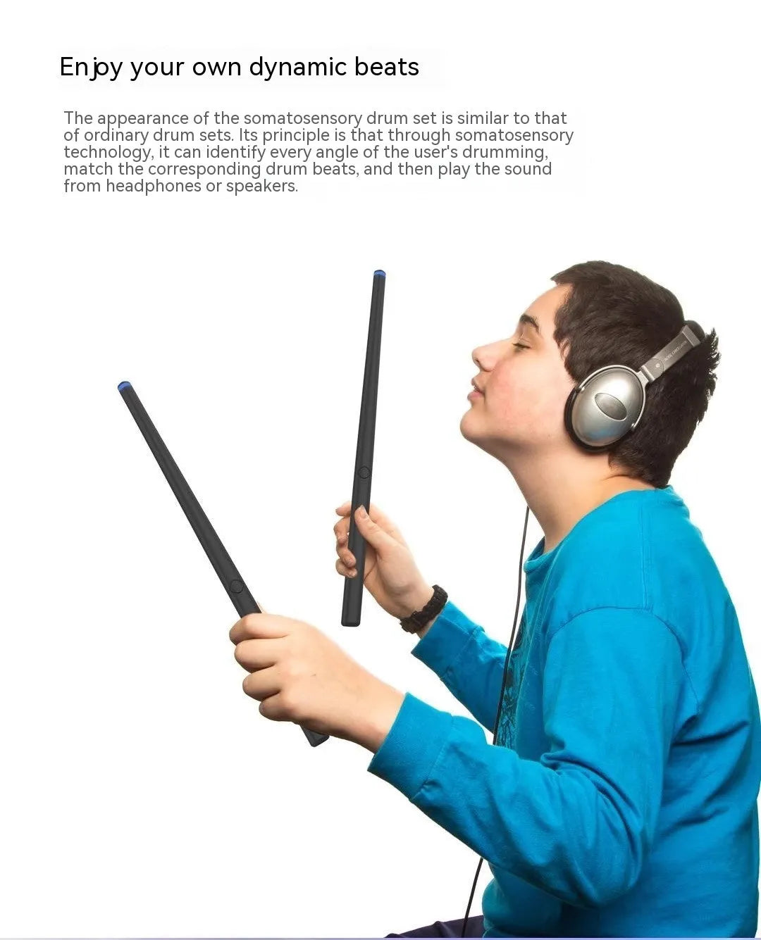 Black somatosensory air drum kit virtual reality entertainment system with wireless technology