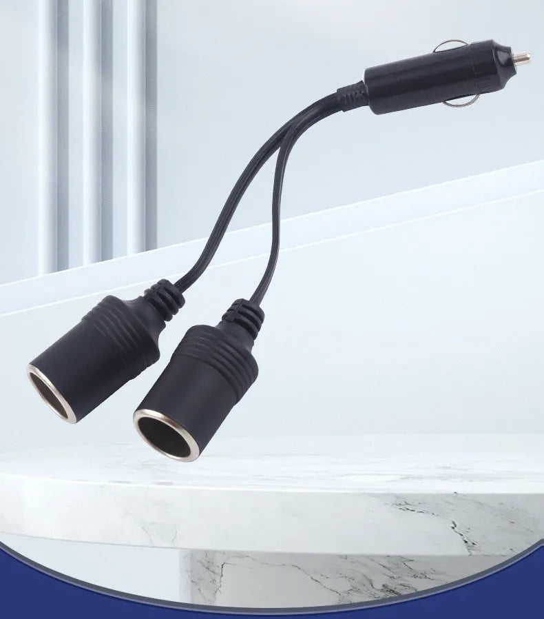 Black vehicle-mounted one-to-two cigarette lighter splitter with USB and 25cm 18AWG cable
