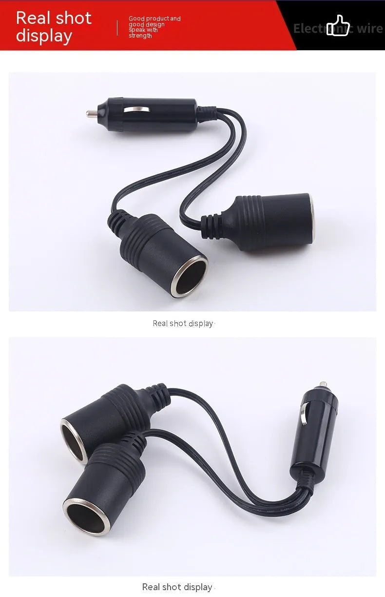 Black vehicle-mounted one-to-two cigarette lighter splitter with USB and 25cm 18AWG cable