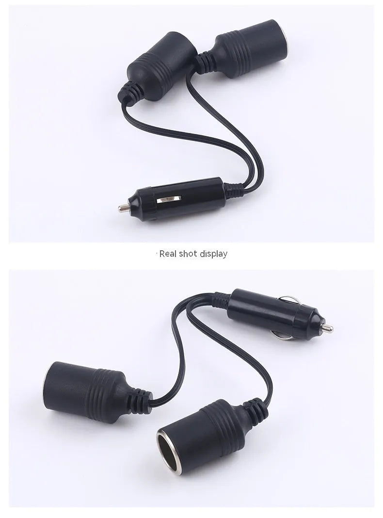 Black vehicle-mounted one-to-two cigarette lighter splitter with USB and 25cm 18AWG cable
