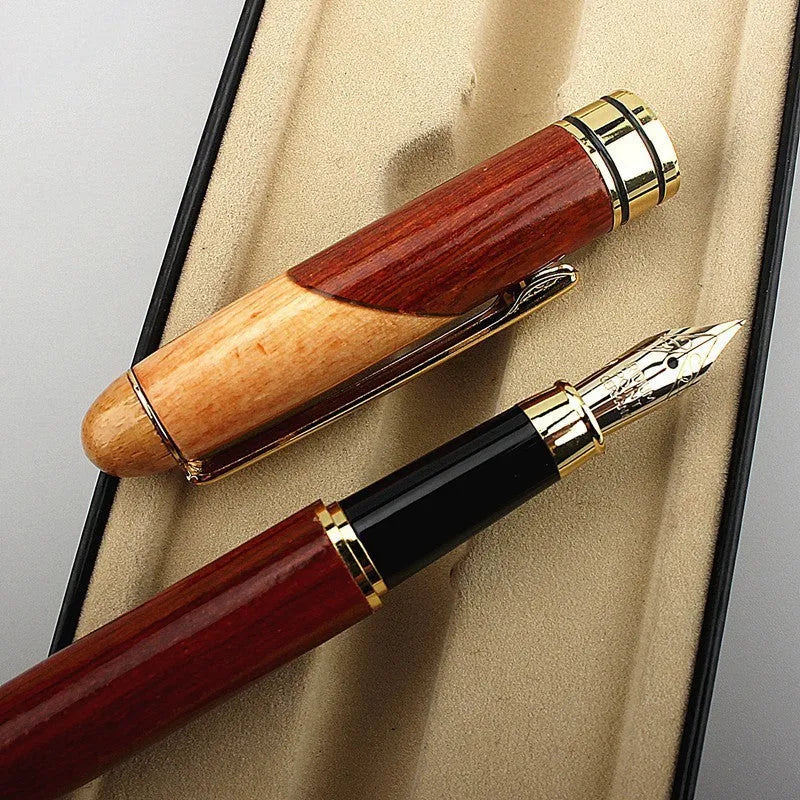 Wooden and metal pen for office use shown with a protective storage bag.
