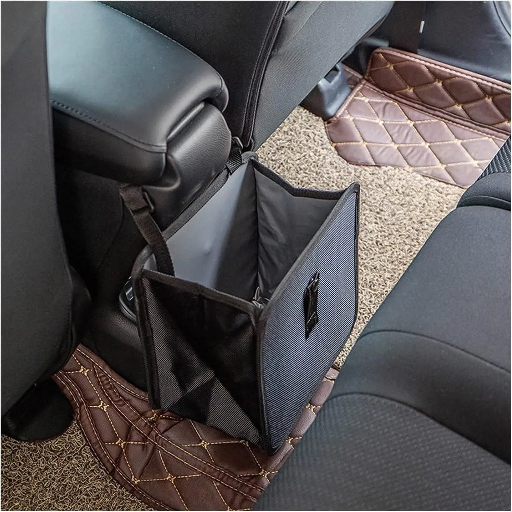 Black waterproof oxford cloth folding trash can for cars, shown with dimensions.