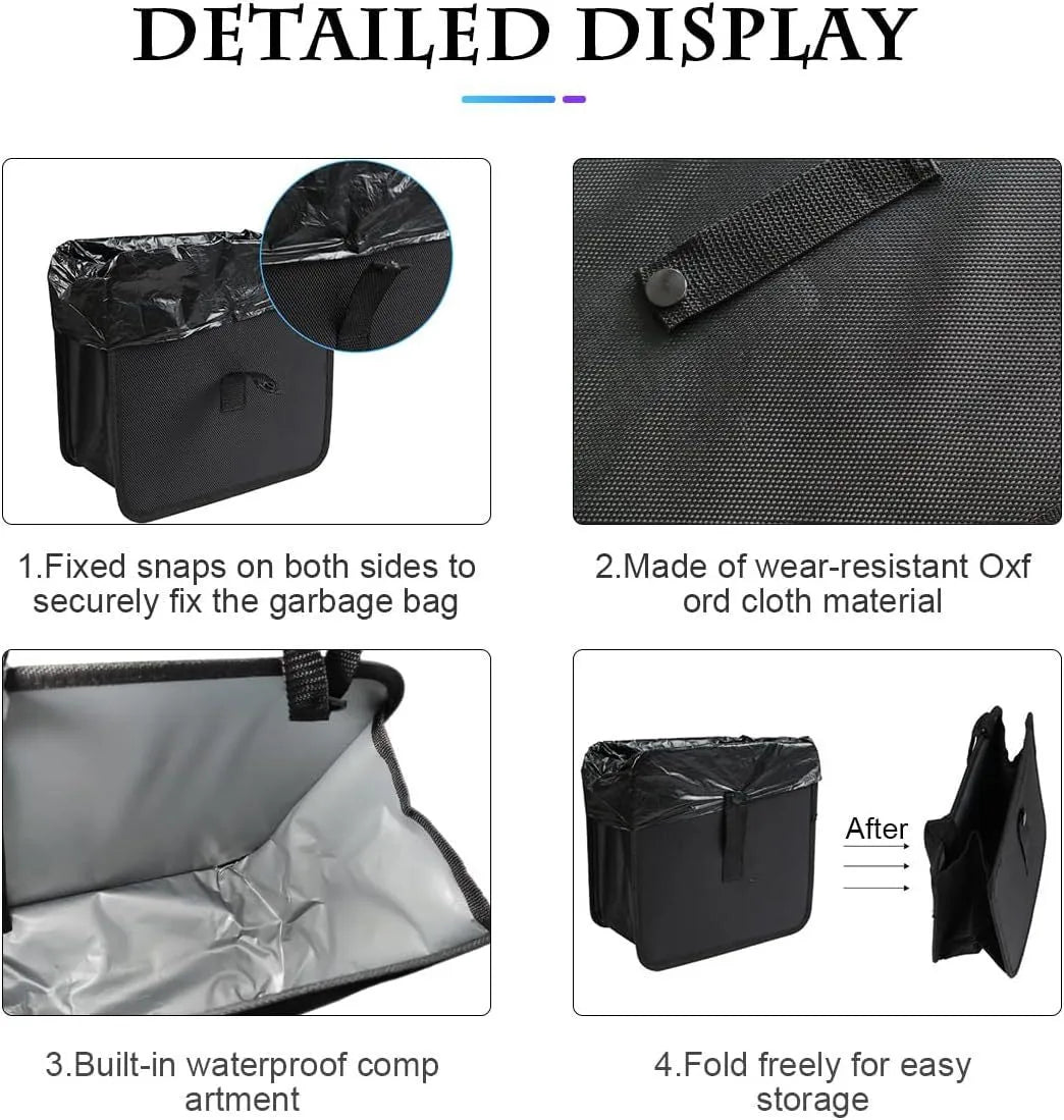 Black waterproof oxford cloth folding trash can for cars, shown with dimensions.