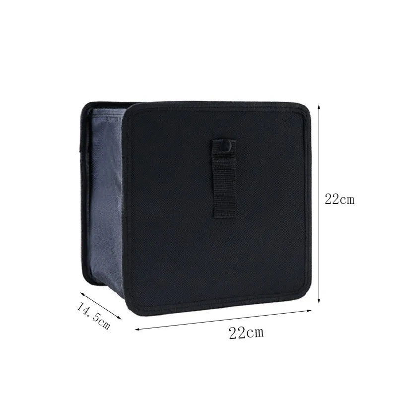 Black waterproof oxford cloth folding trash can for cars, shown with dimensions.