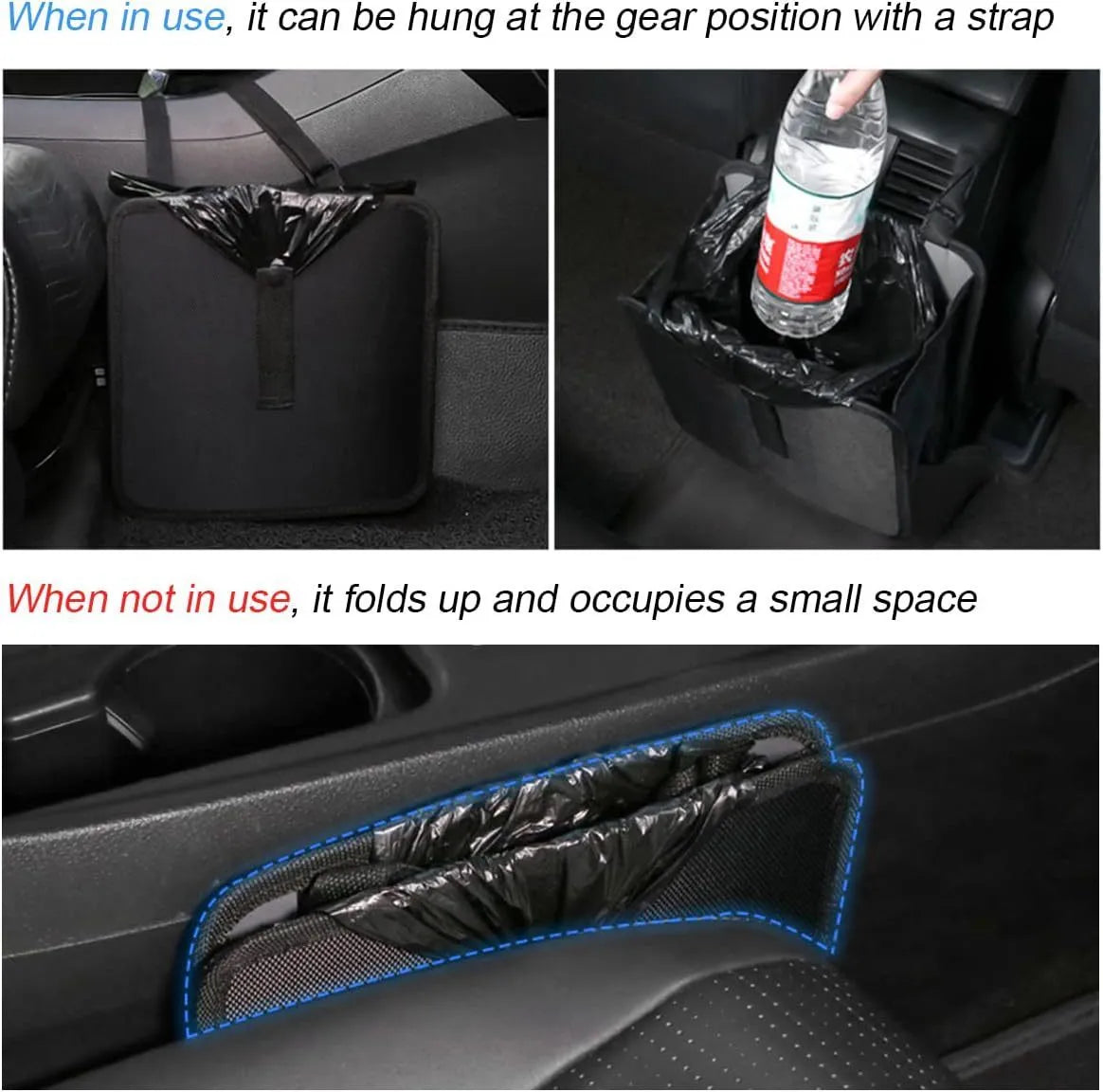 Black waterproof oxford cloth folding trash can for cars, shown with dimensions.