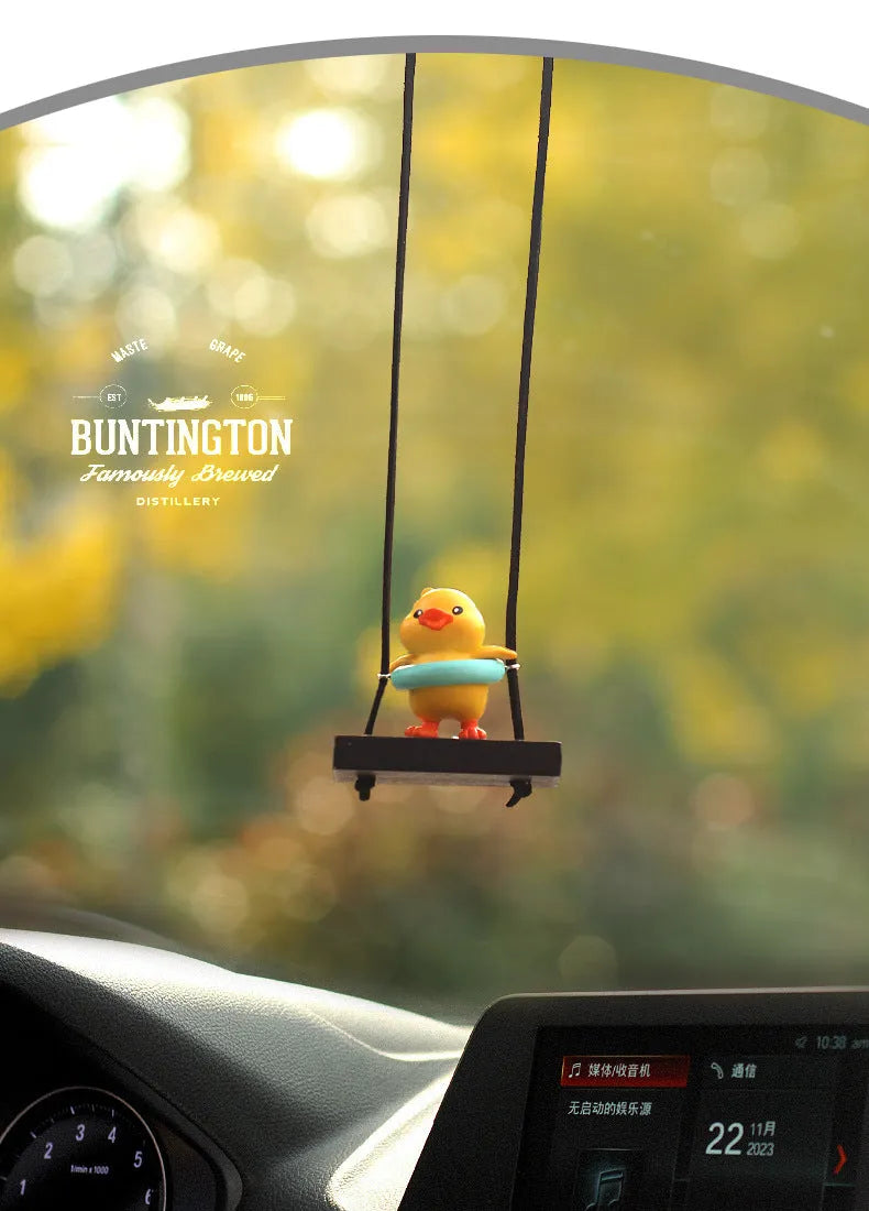 Yellow cartoon duck car hanging ornament in plastic, shown in four style variations.