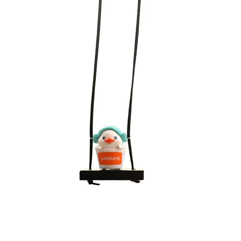 Yellow cartoon duck car hanging ornament in plastic, shown in four style variations.