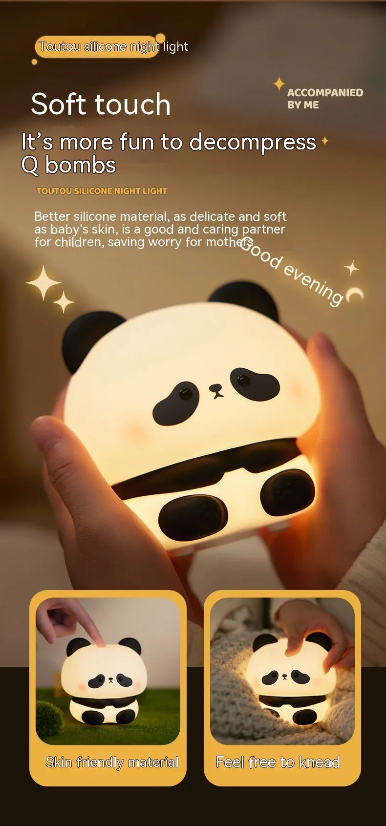 Cute panda LED night light with soft silicone cover, USB rechargeable, featuring colourful lighting modes on a bedside table.