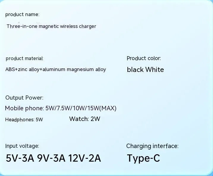 Desktop three-in-one wireless charger in black with Type-C interface, large and small pads for Apple 12 series
