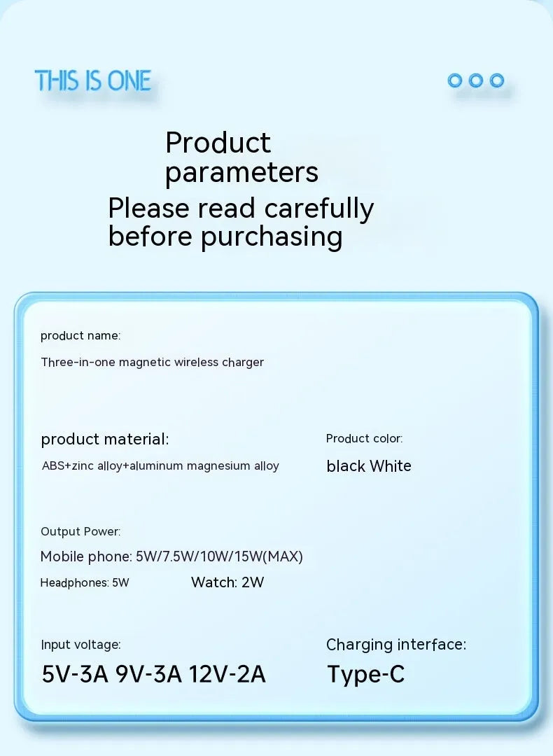 Desktop three-in-one wireless charger in black with Type-C interface, large and small pads for Apple 12 series
