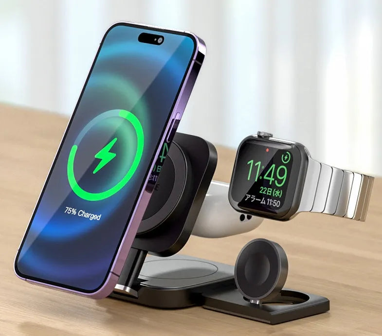 Desktop three-in-one wireless charger in black with Type-C interface, large and small pads for Apple 12 series