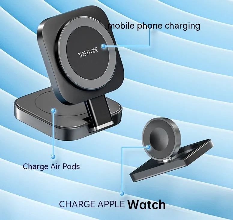 Desktop three-in-one wireless charger in black with Type-C interface, large and small pads for Apple 12 series