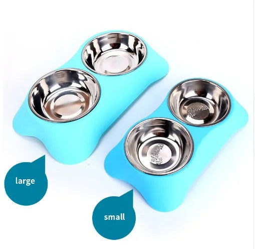 Silicone double pet bowl with stainless steel inserts and non-slip base, shown in Blue, Green, and Rose Red, sizes S and M