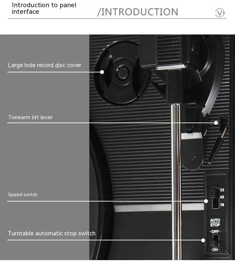 Retro vinyl record player with wood grain finish, transparent dust cover, and built-in speaker