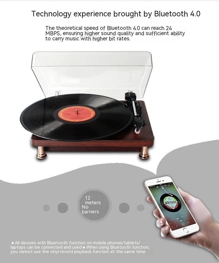 Retro vinyl record player with wood grain finish, transparent dust cover, and built-in speaker